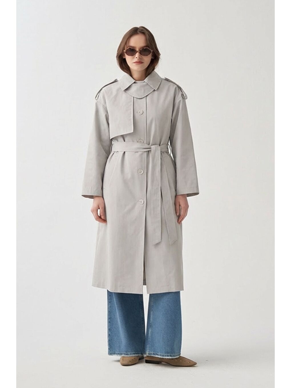 Bej Taş-Yaka Apoletli Trençkot-1