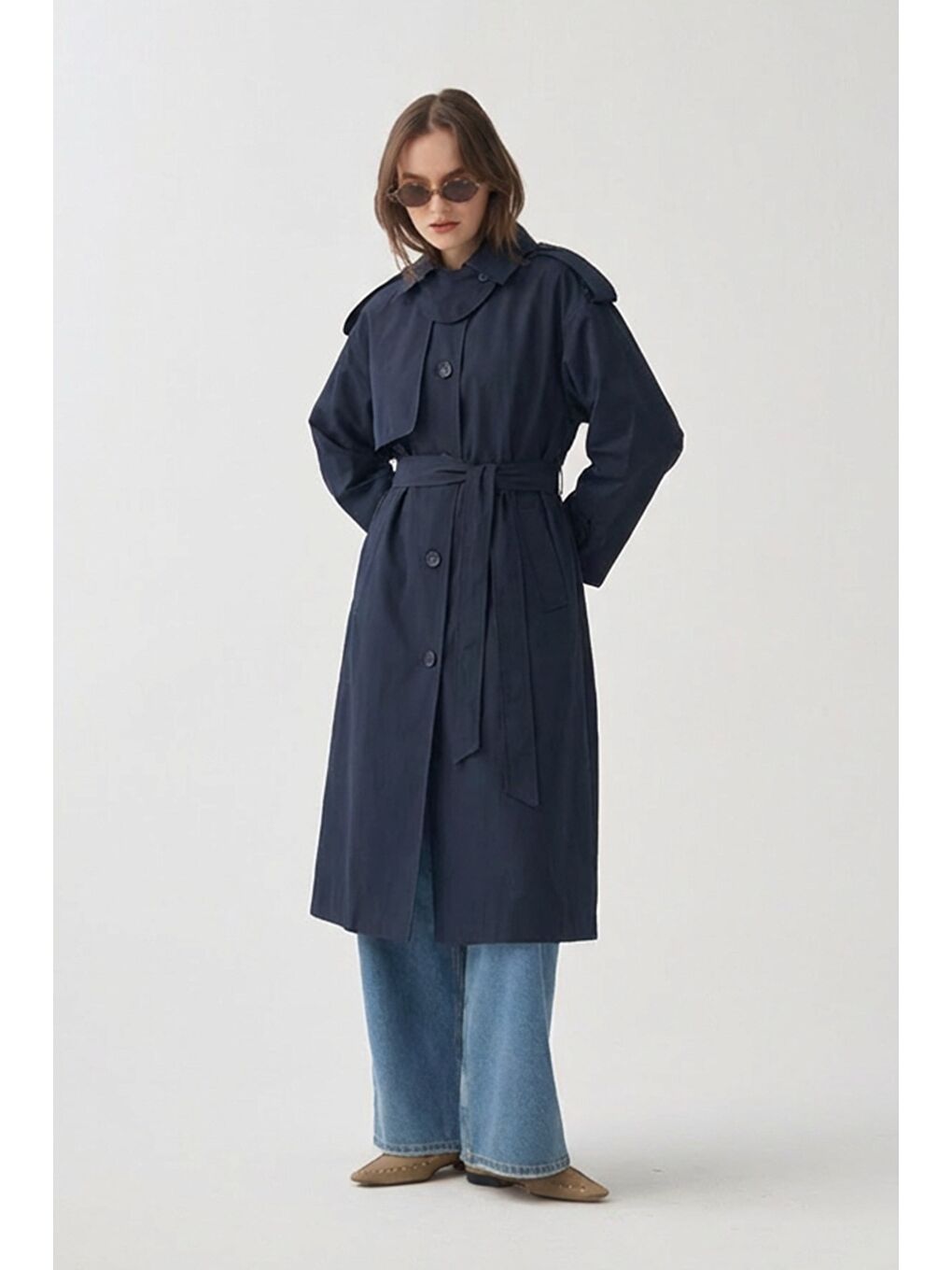 Lacivert-Yaka Apoletli Trençkot