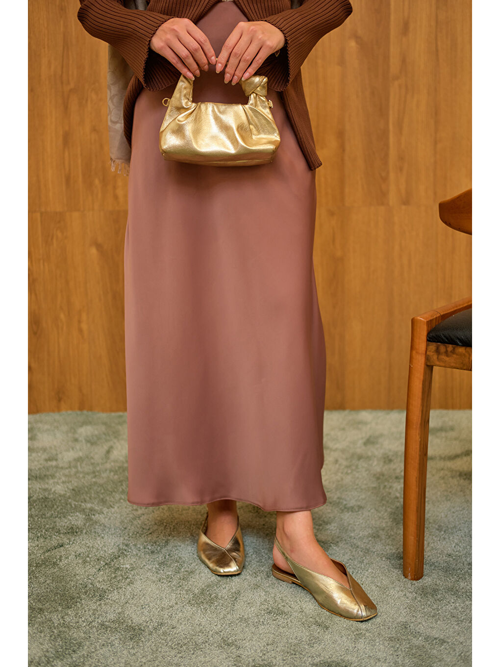 Bej Kadın Saten Etek Vizon-2