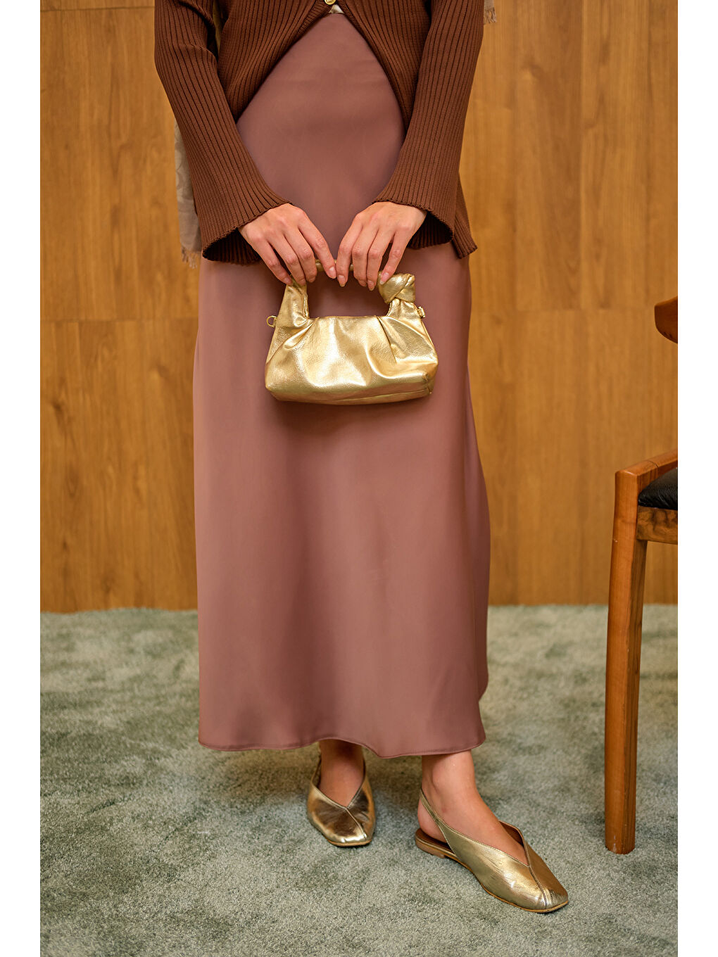 Bej Kadın Saten Etek Vizon-3