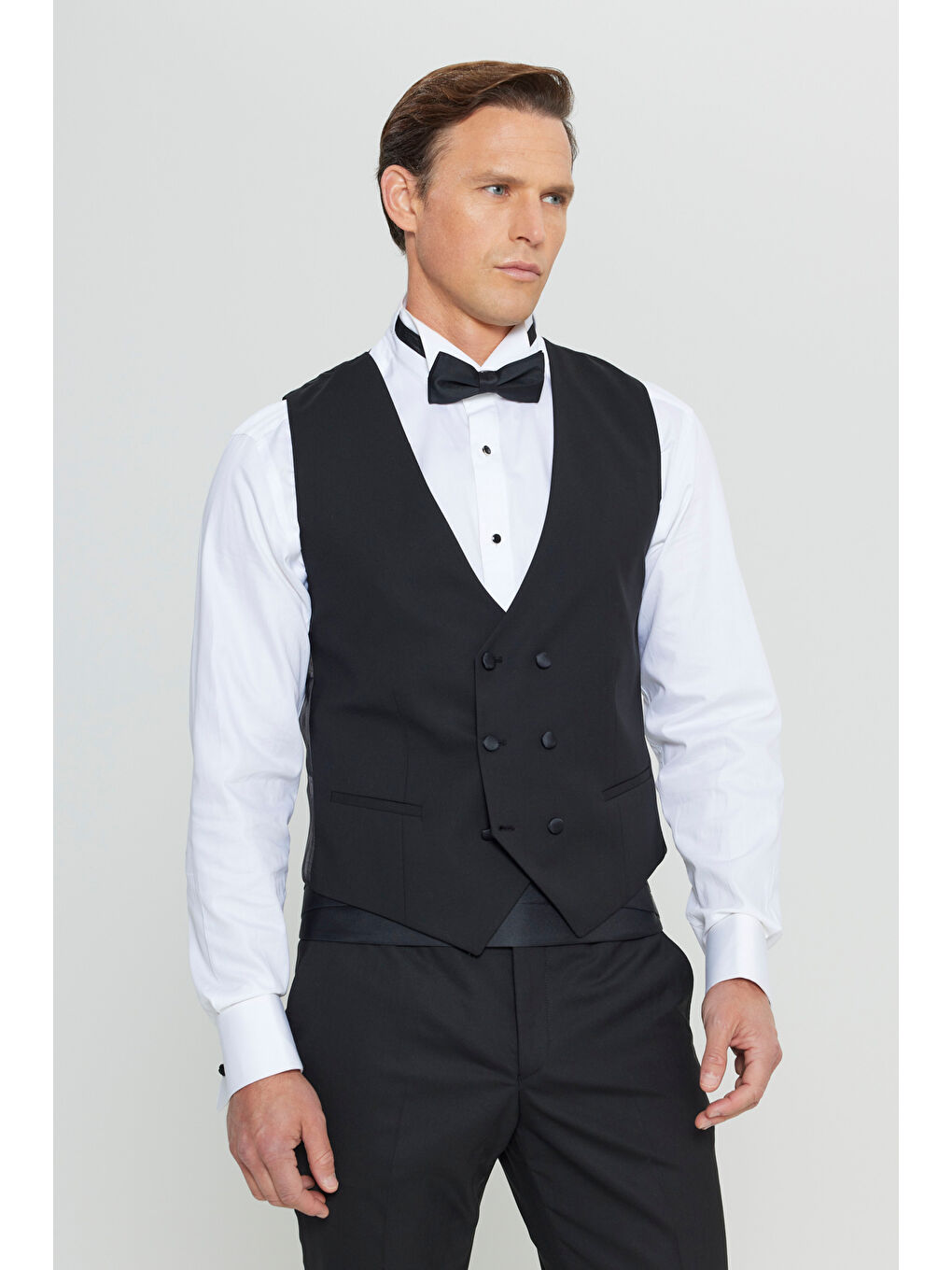 Erkek Siyah Yünlü Slim Fit Dar Kesim Yelekli Klasik Kruvaze Yelek-2