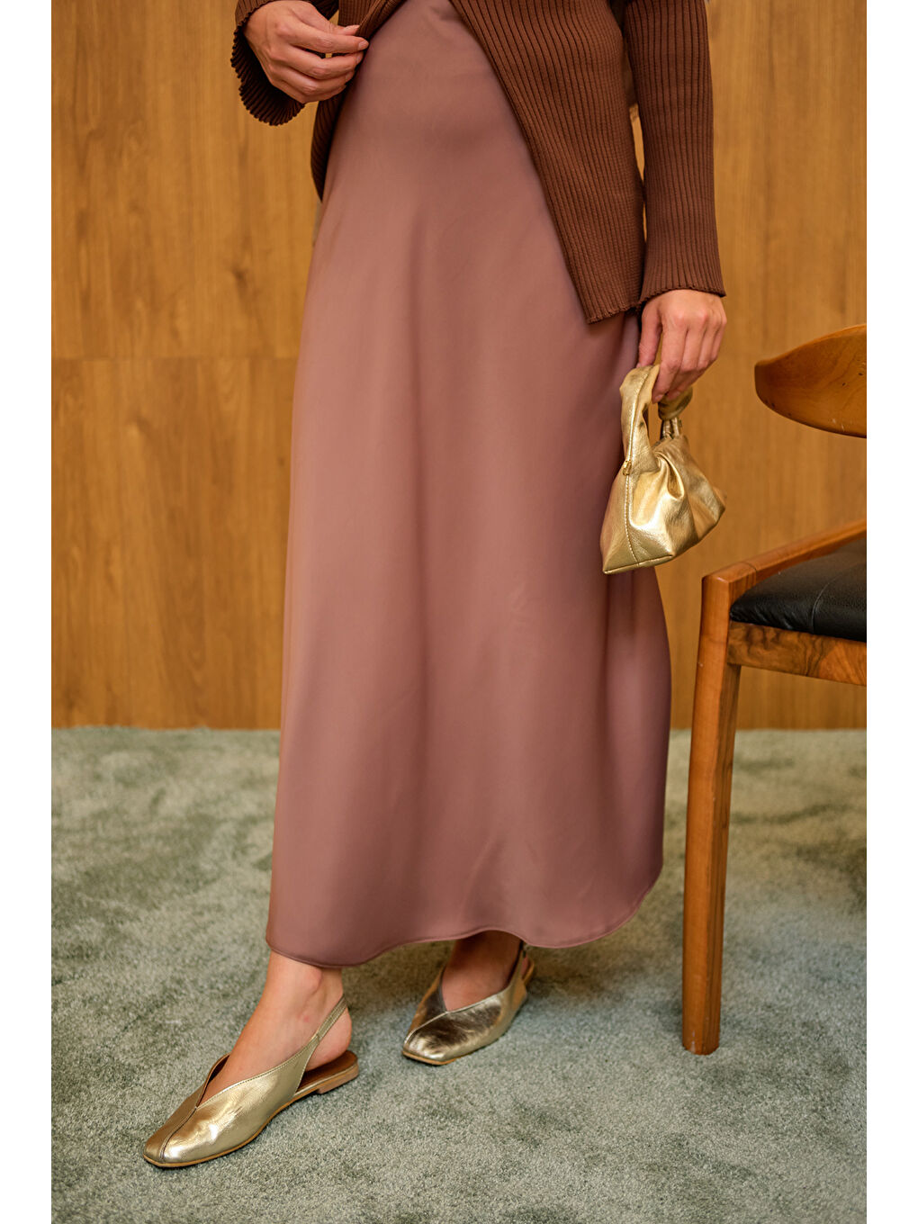 Bej Kadın Saten Etek Vizon-4