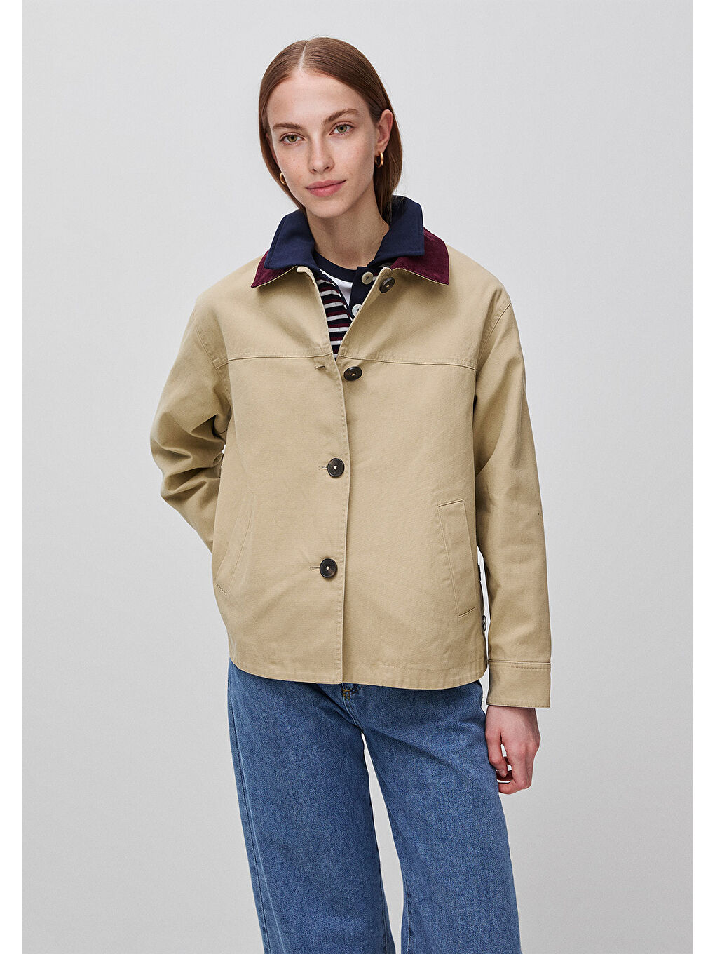 Kadın Bej %100 Pamuk Kadife Yakalı Düğmeli Kanvas Ceket