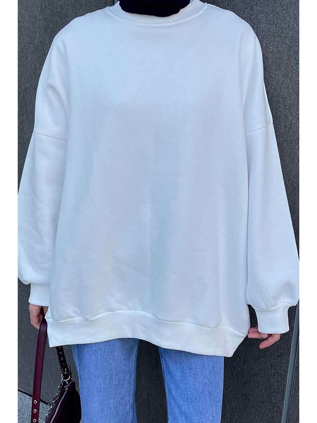 Jasmin Bisiklet Yaka Oversize Sweat Beyaz-2