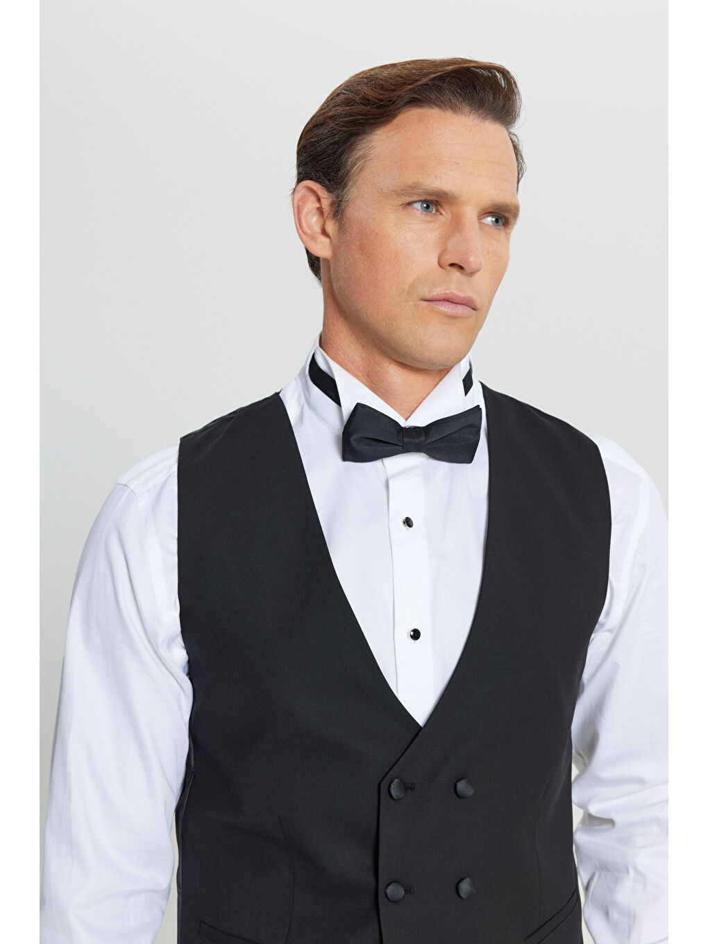 Erkek Siyah Yünlü Slim Fit Dar Kesim Yelekli Klasik Kruvaze Yelek-3