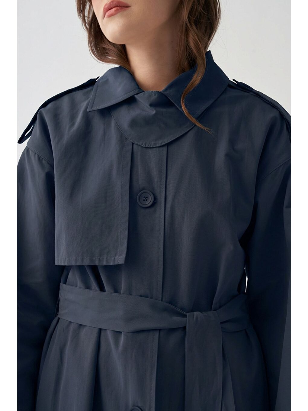 Lacivert-Yaka Apoletli Trençkot-3