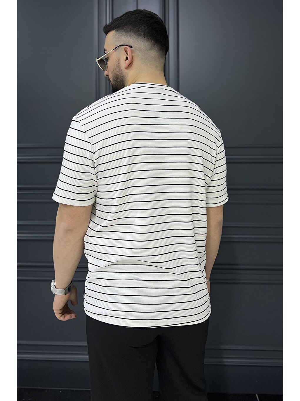 Ekru Erkek Çizgi Desenli Bisiklet Yaka Elastanlı Tişört-2