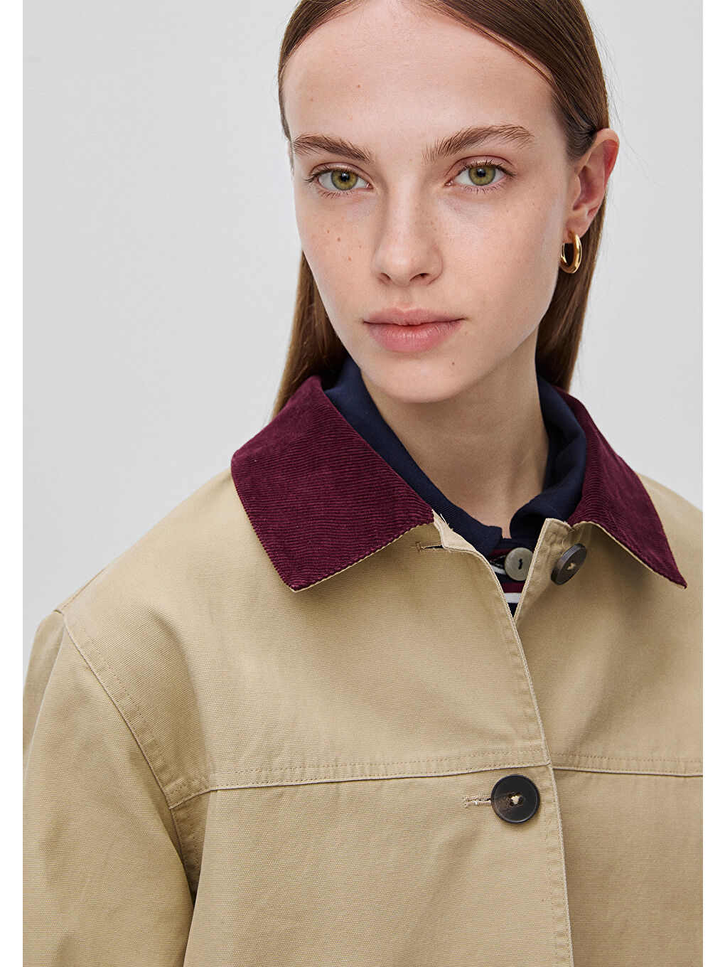 Kadın Bej %100 Pamuk Kadife Yakalı Düğmeli Kanvas Ceket-3