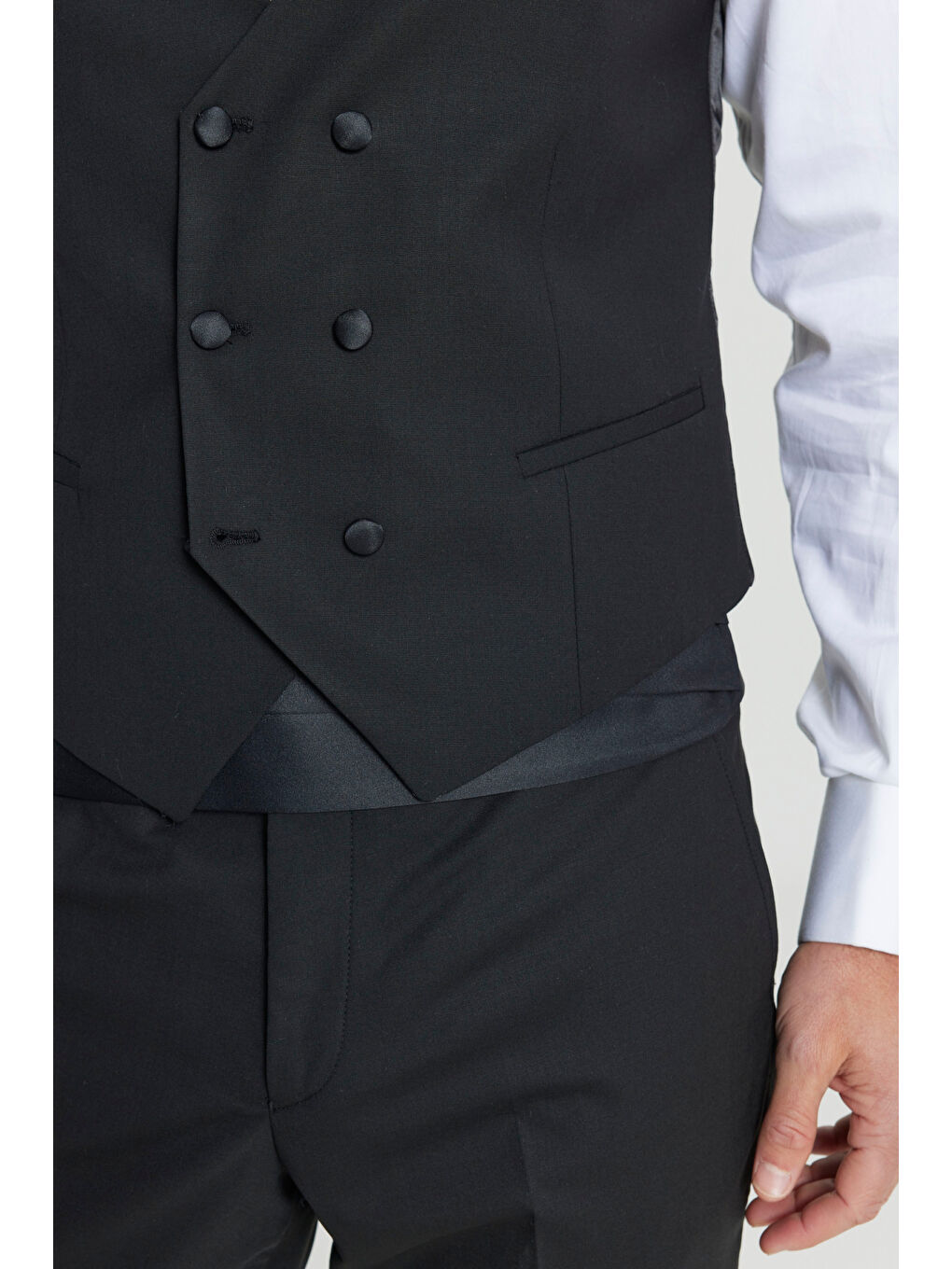 Erkek Siyah Yünlü Slim Fit Dar Kesim Yelekli Klasik Kruvaze Yelek-4