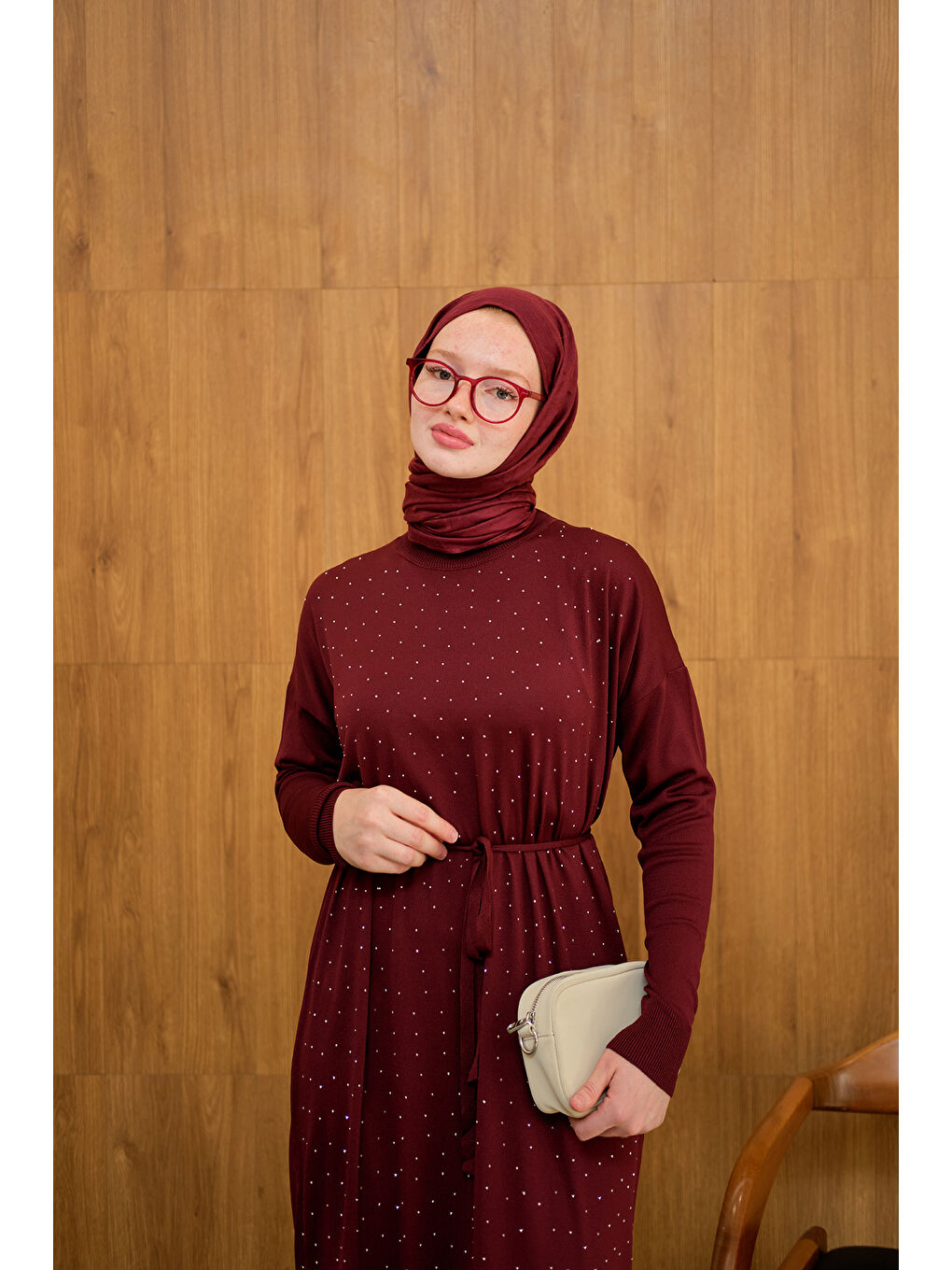 Kadın Bel Bağlamalı Taş Detay Triko Elbise Bordo-1