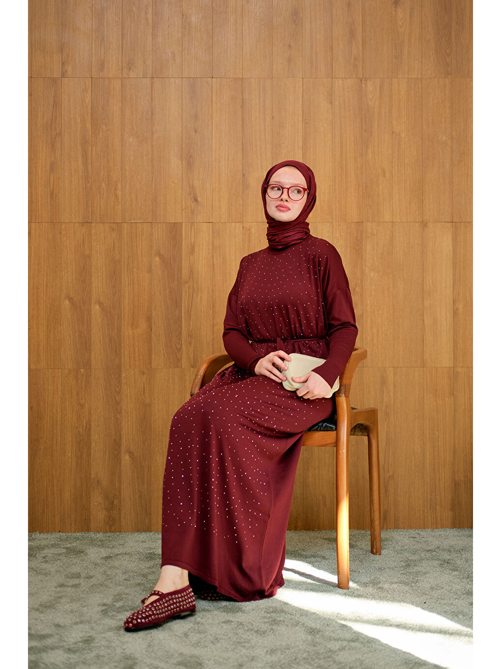 Kadın Bel Bağlamalı Taş Detay Triko Elbise Bordo-2