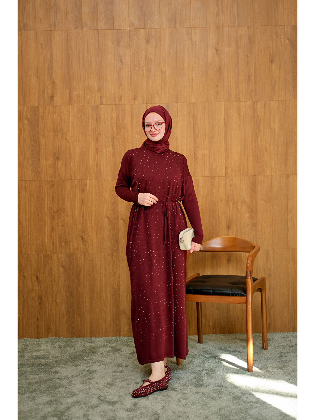 Kadın Bel Bağlamalı Taş Detay Triko Elbise Bordo-3