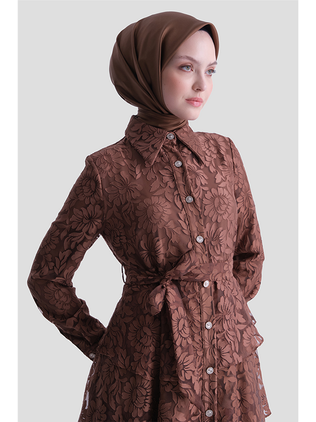 Dantelli Fırfırlı Elbise Kahverengi-2