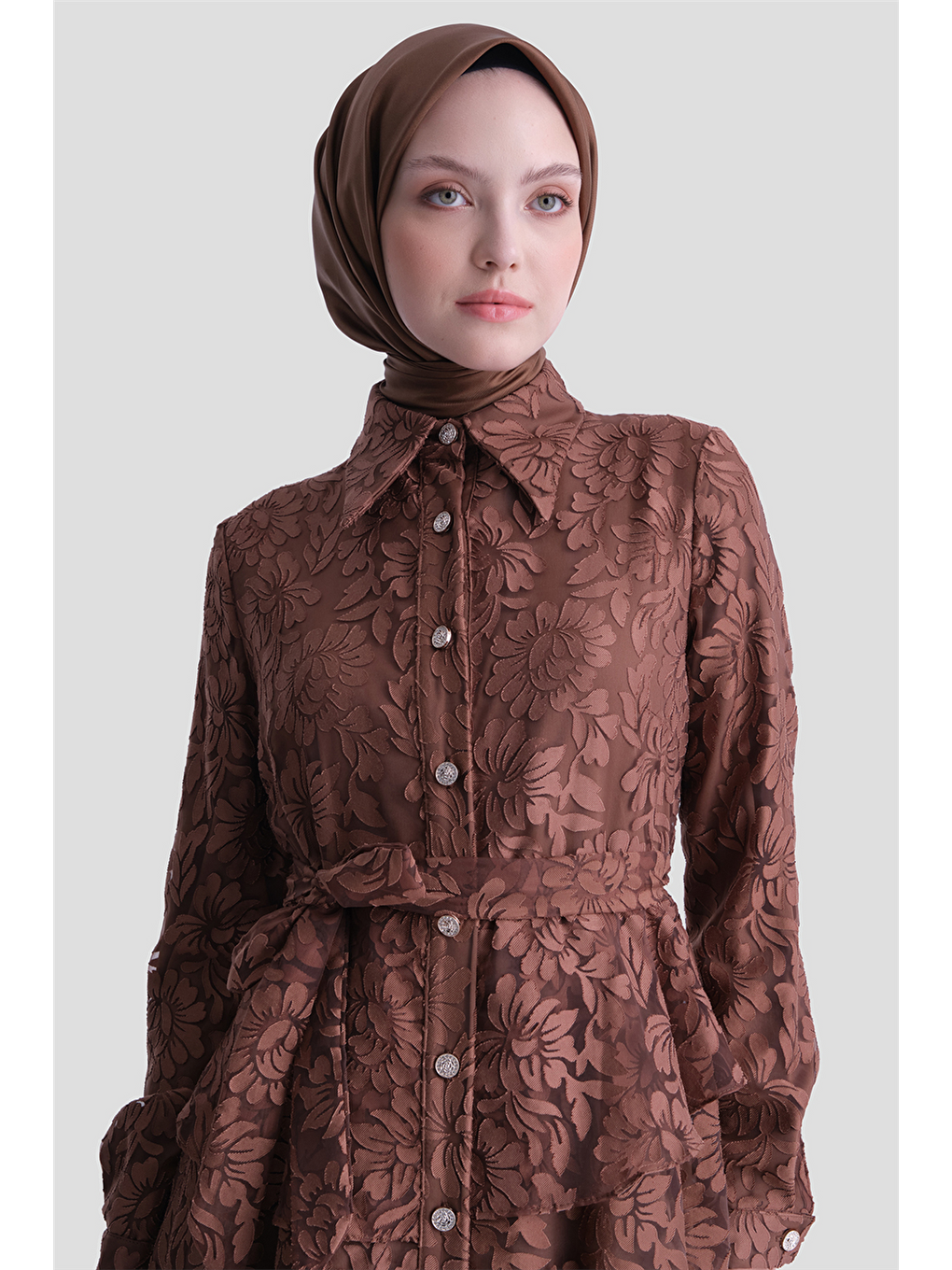 Dantelli Fırfırlı Elbise Kahverengi-3