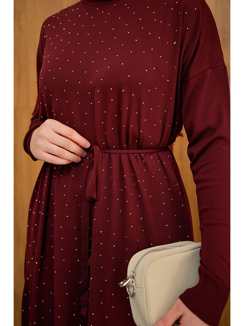 Kadın Bel Bağlamalı Taş Detay Triko Elbise Bordo-4