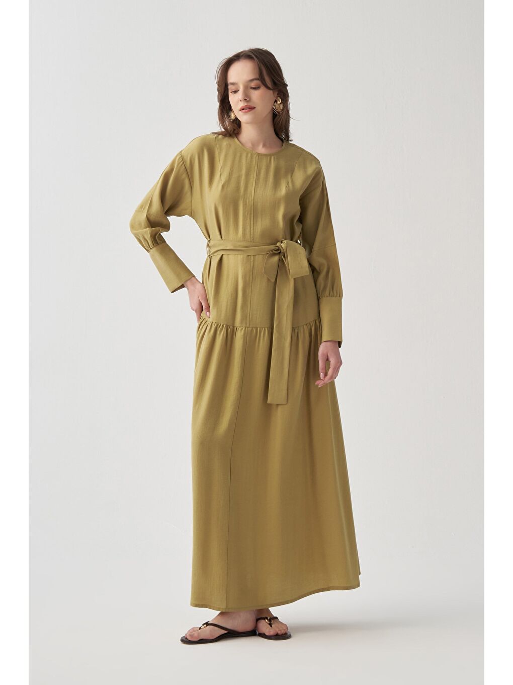 Soft Yeşil-Büzgü Detaylı Elbise-1