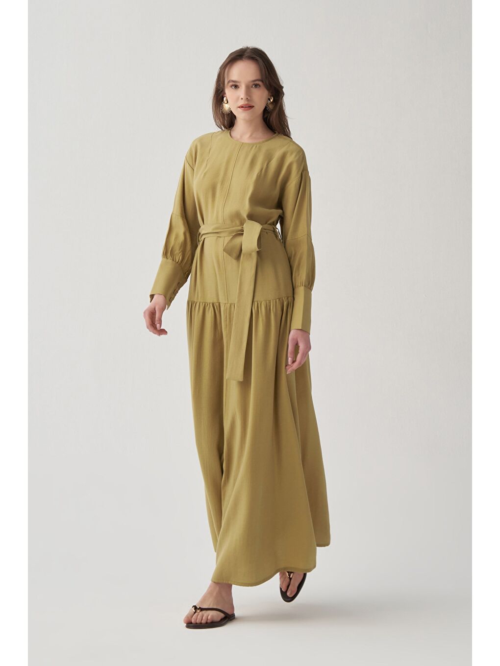 Soft Yeşil-Büzgü Detaylı Elbise-2