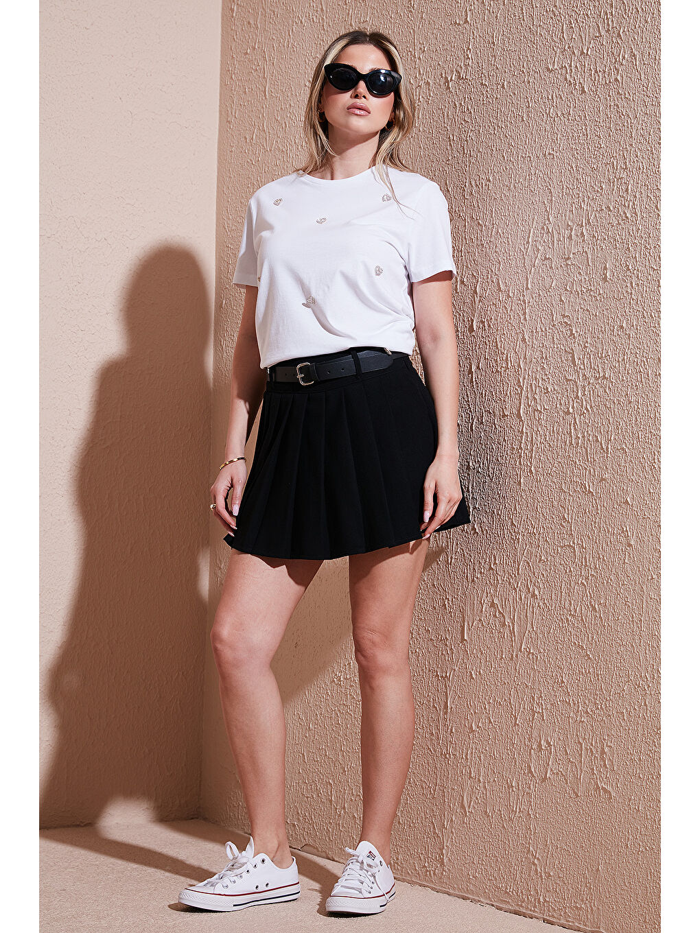 Siyah Kemerli Pileli Regular Fit Yüksek Bel Şort Etek 5866292