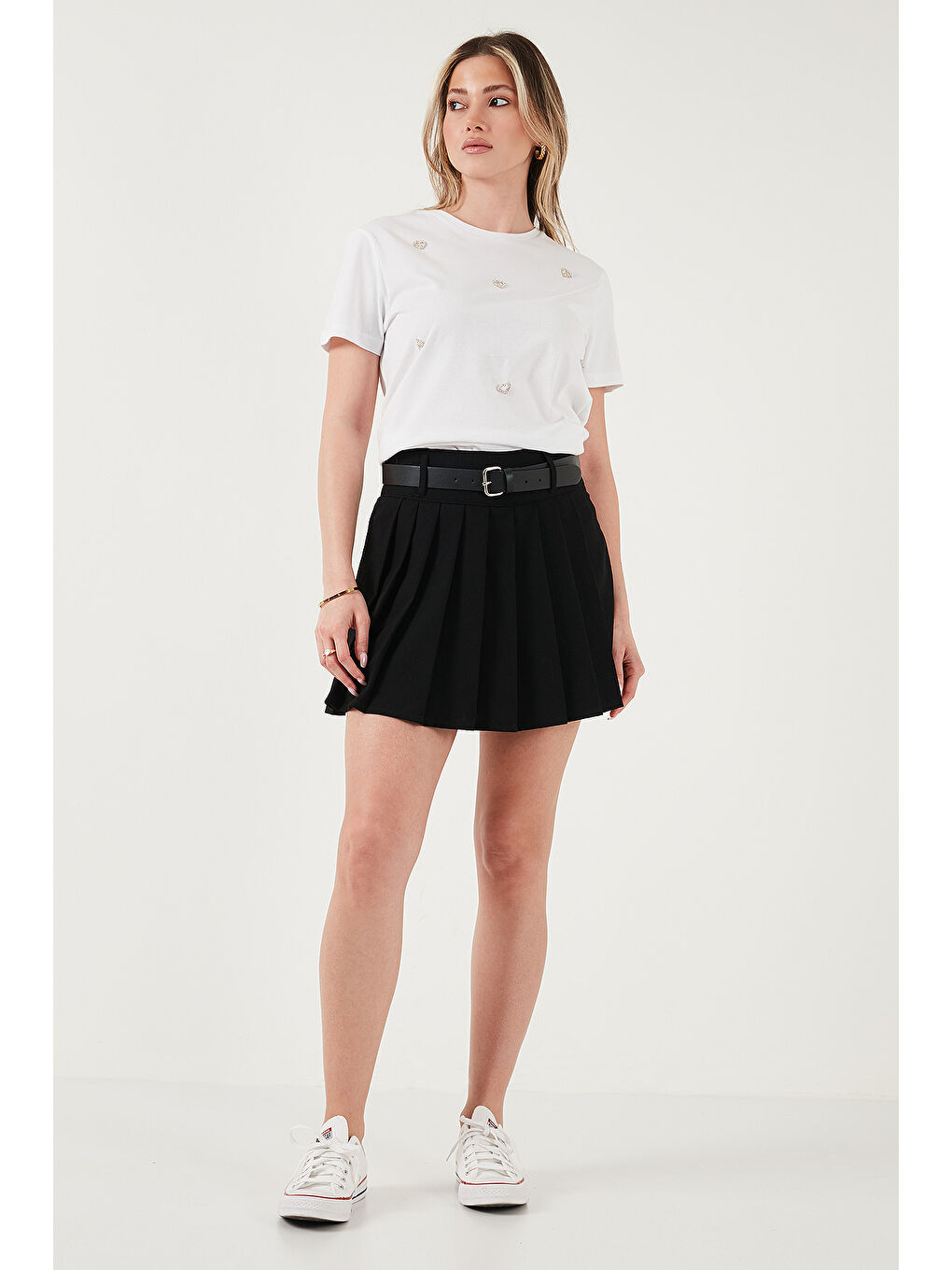 Siyah Kemerli Pileli Regular Fit Yüksek Bel Şort Etek 5866292-2