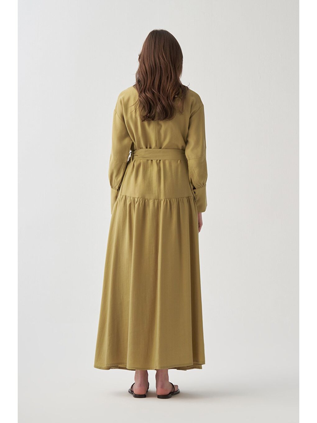 Soft Yeşil-Büzgü Detaylı Elbise-3