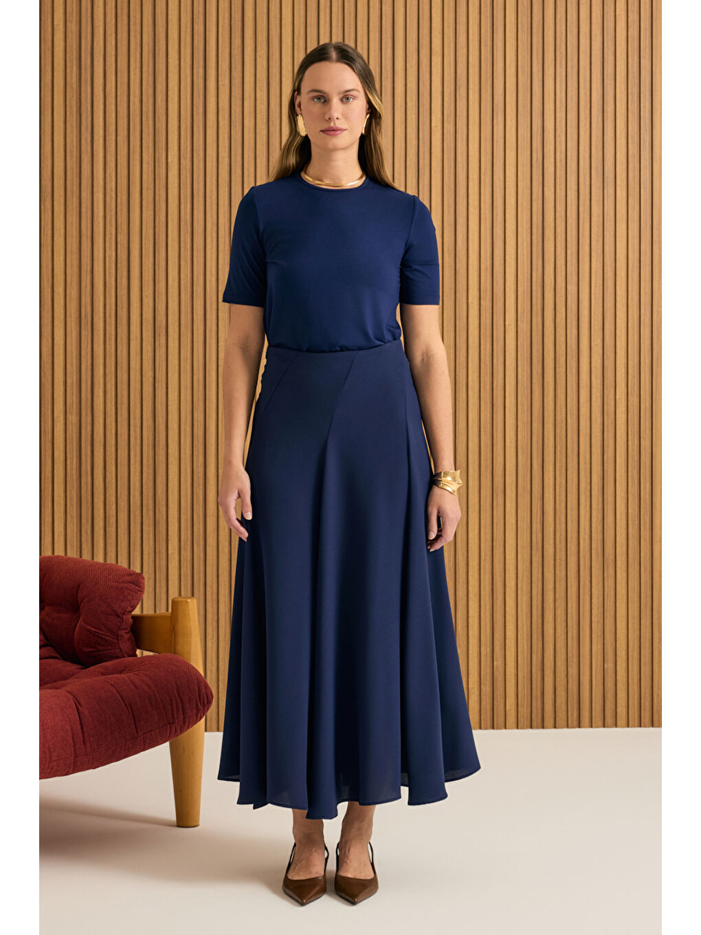 Lacivert Kuplu Crep Kloş Etek-1