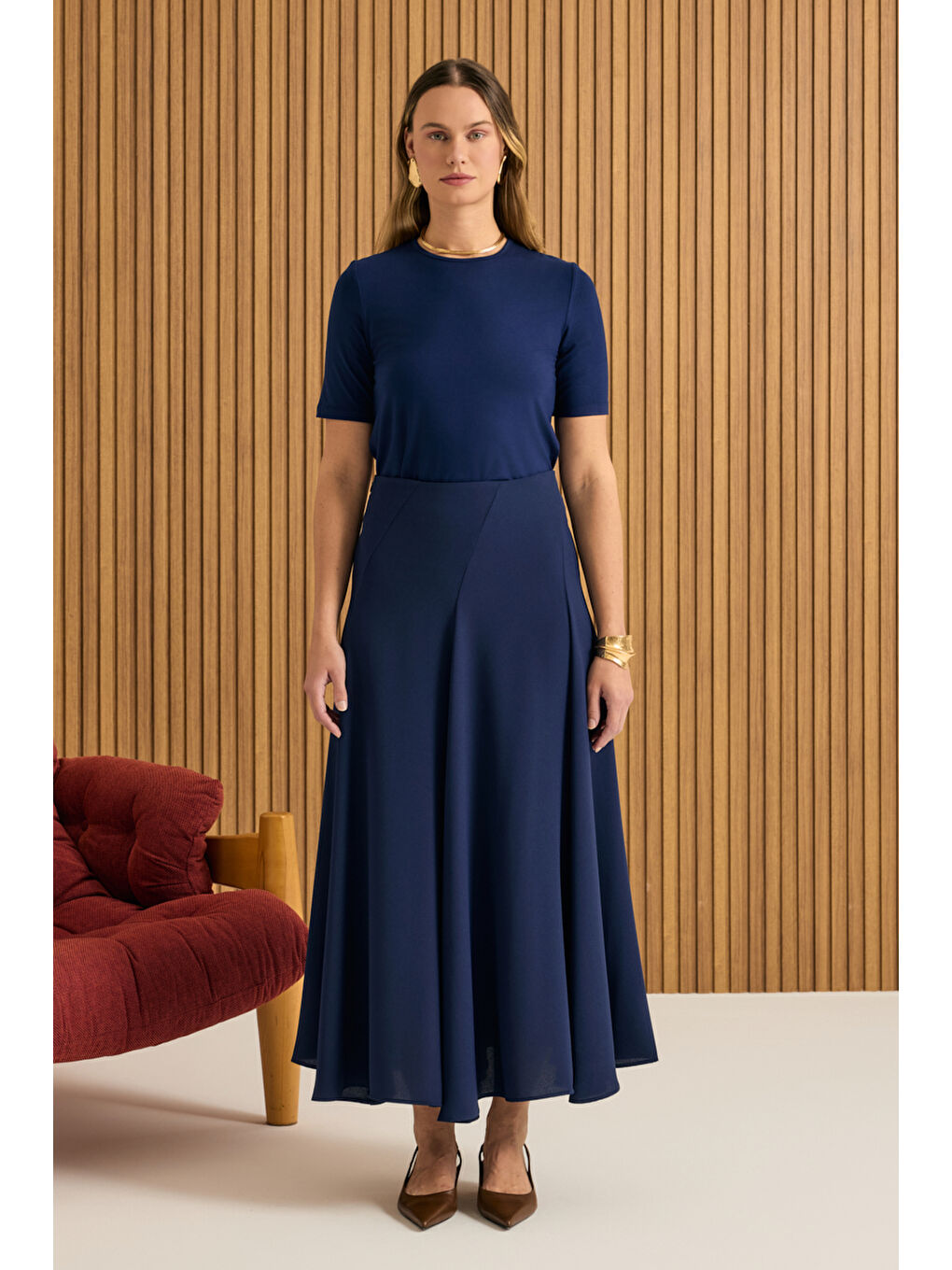 Lacivert Kuplu Crep Kloş Etek-2