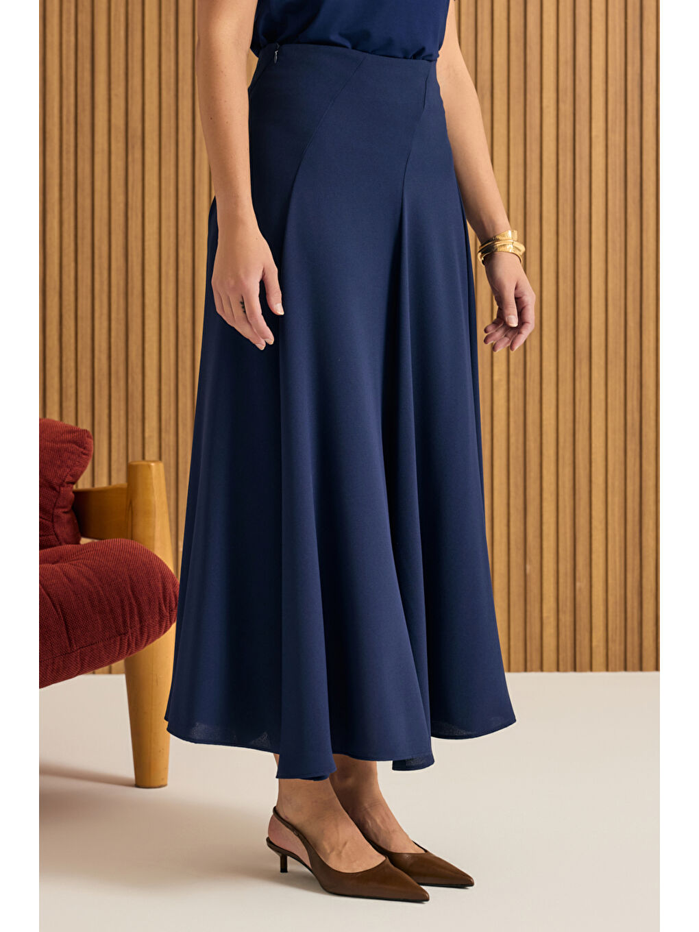 Lacivert Kuplu Crep Kloş Etek-4