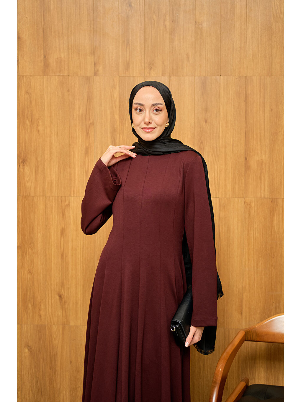 Kadın Pile Dikiş Detay Elbise Bordo-1