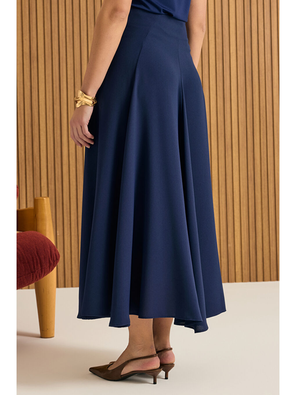 Lacivert Kuplu Crep Kloş Etek-5