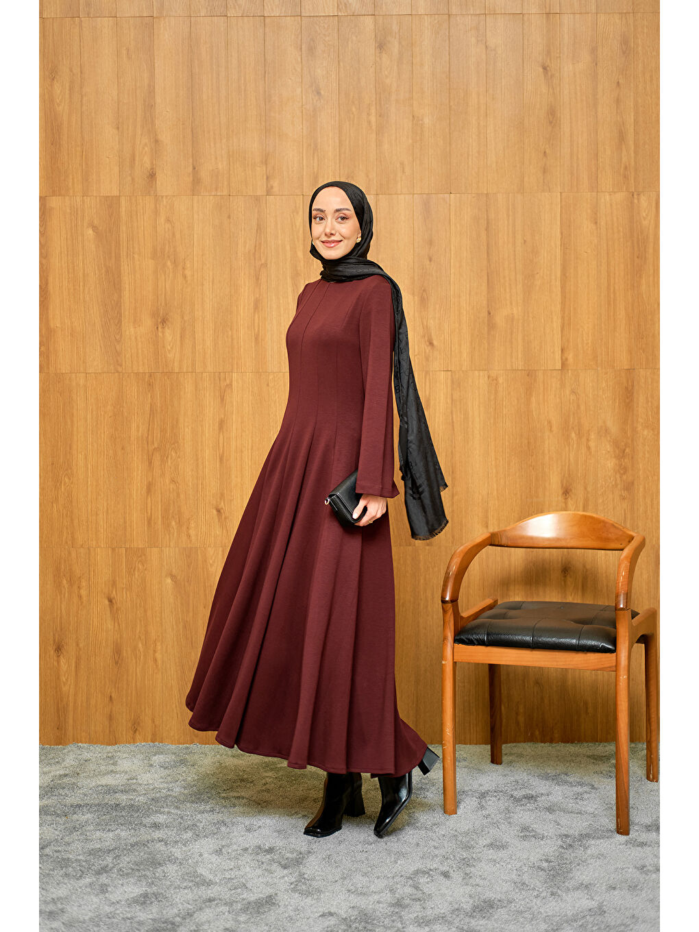 Kadın Pile Dikiş Detay Elbise Bordo-2