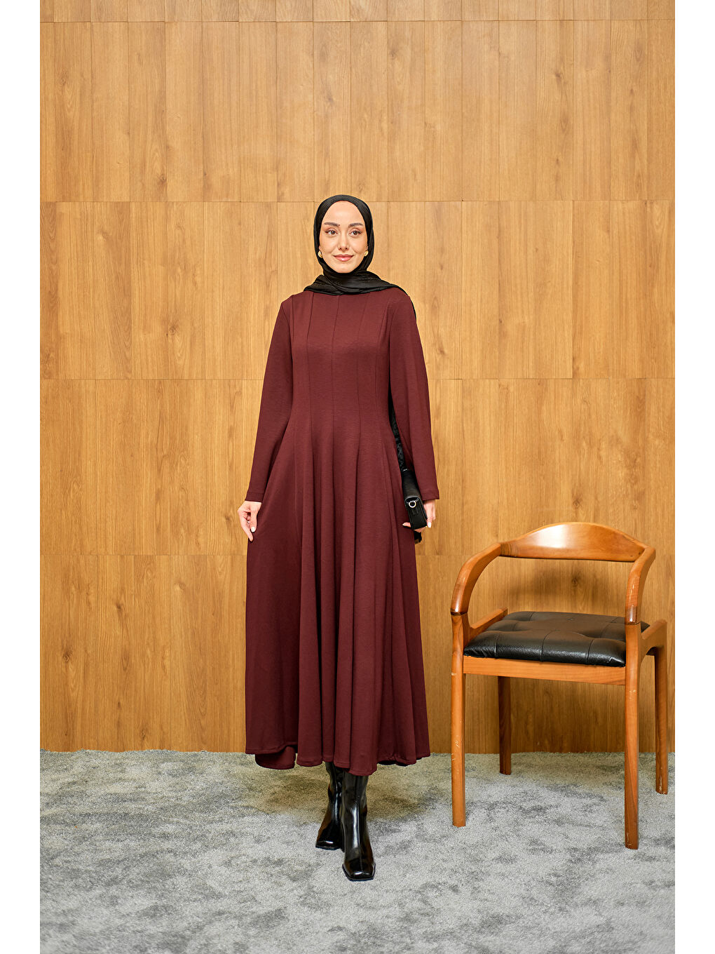 Kadın Pile Dikiş Detay Elbise Bordo-3