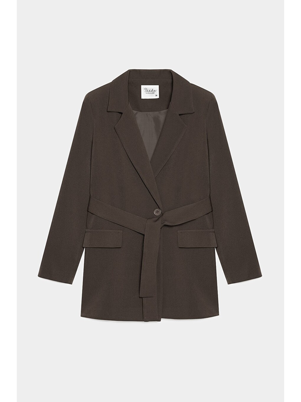 Acı Kahverengi Kadın Tek Düğmeli Dokuma Kruvaze Blazer Ceket - Kuşaklı