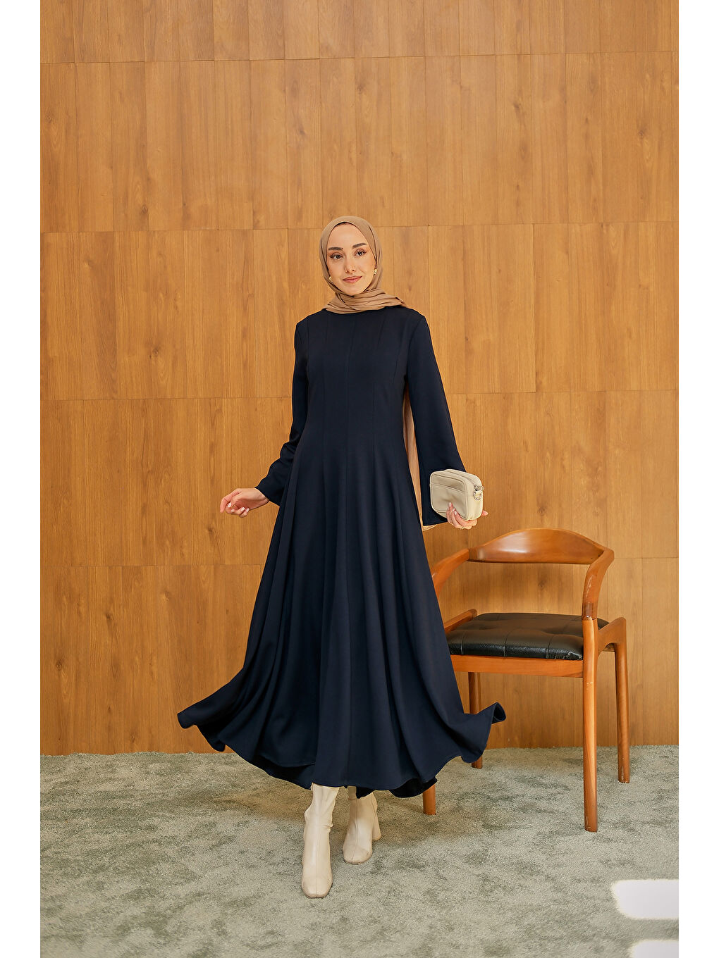Kadın Pile Dikiş Detay Elbise Lacivert-2
