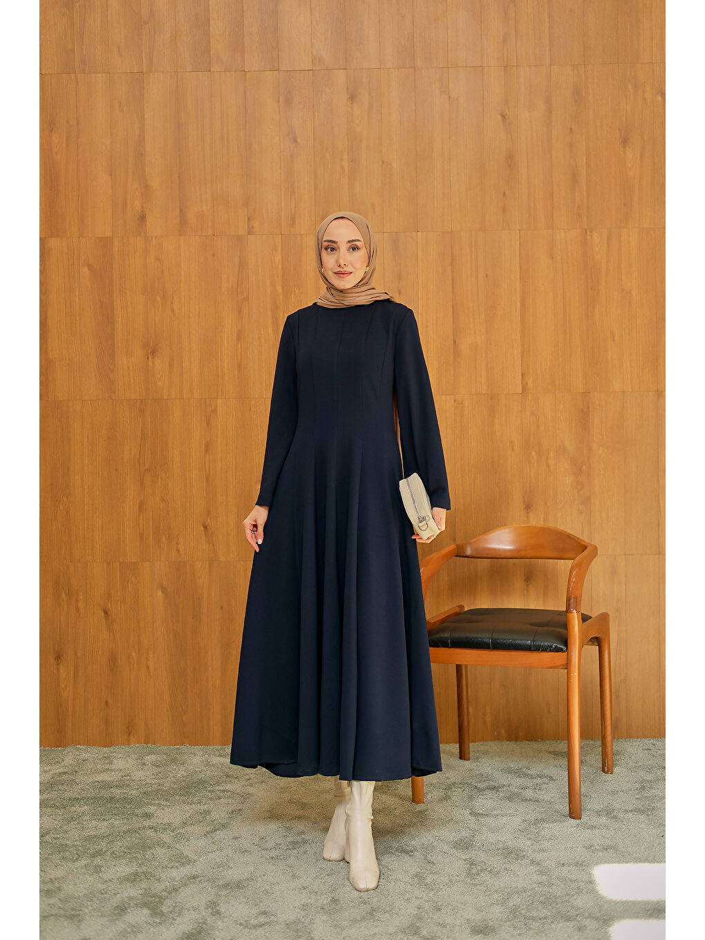 Kadın Pile Dikiş Detay Elbise Lacivert-3