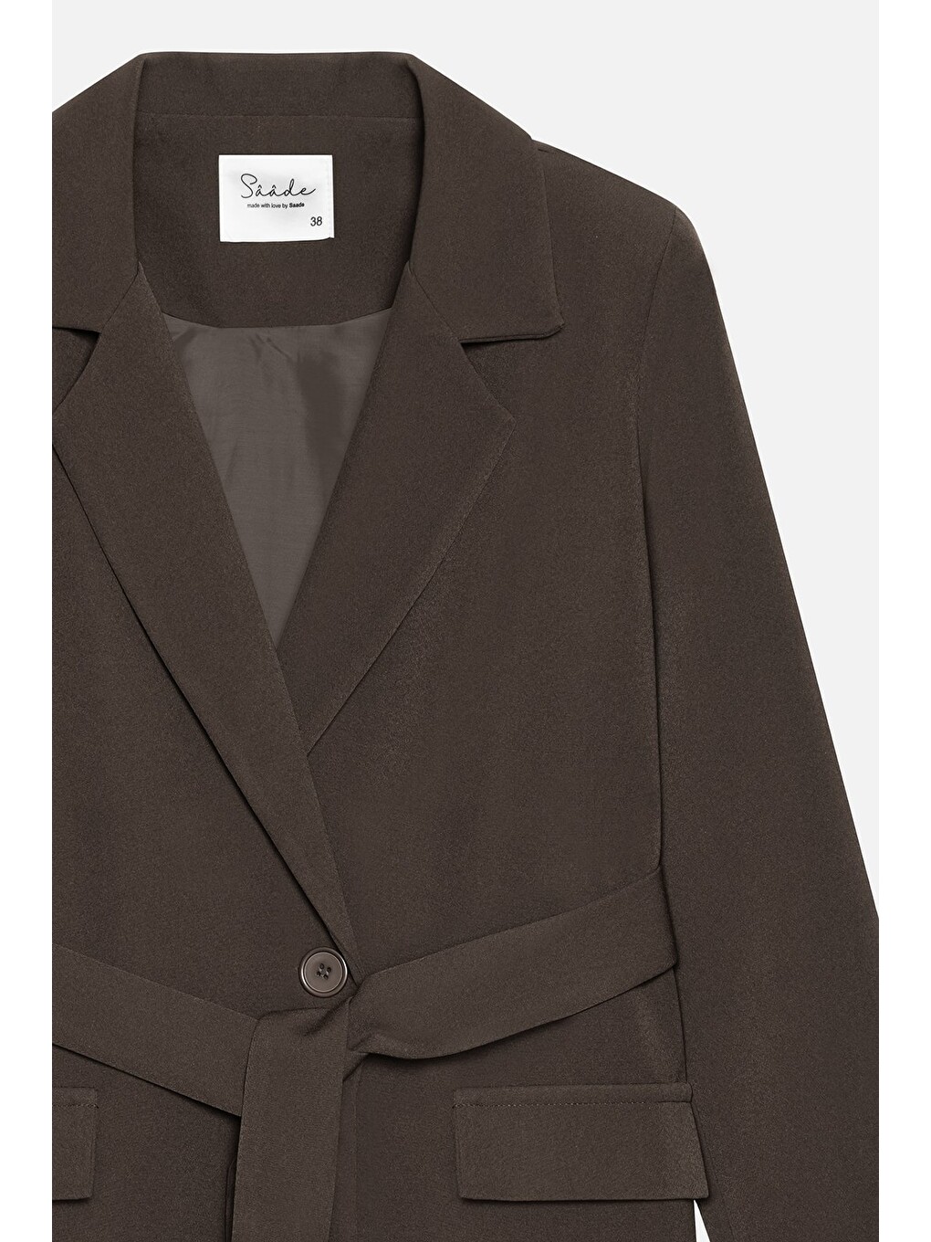 Acı Kahverengi Kadın Tek Düğmeli Dokuma Kruvaze Blazer Ceket - Kuşaklı-1