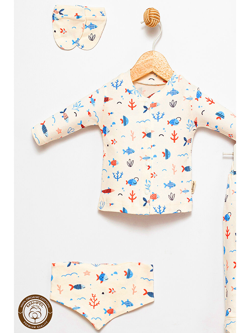 Mavi Pamuklu 5 li Yenidoğan OceanBalık Baskılı Hastane Çıkışı Seti-1