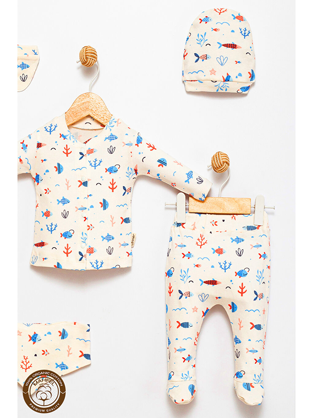 Mavi Pamuklu 5 li Yenidoğan OceanBalık Baskılı Hastane Çıkışı Seti-2