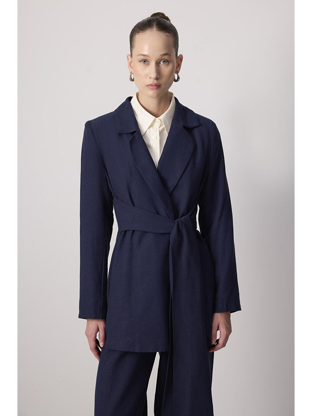 Lacivert Bağlama Detaylı Kruvaze Ceket Pantolon Takım-1