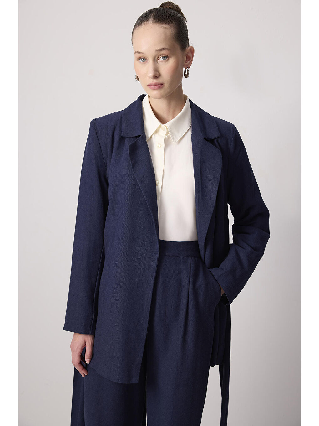 Lacivert Bağlama Detaylı Kruvaze Ceket Pantolon Takım-2