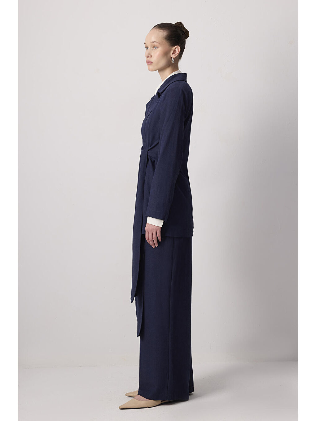 Lacivert Bağlama Detaylı Kruvaze Ceket Pantolon Takım-3