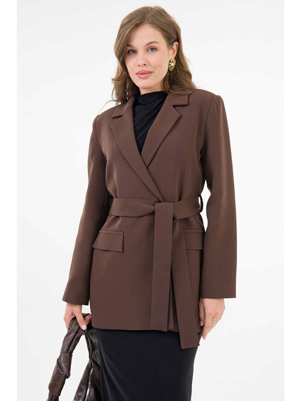 Acı Kahverengi Kadın Tek Düğmeli Dokuma Kruvaze Blazer Ceket - Kuşaklı-5