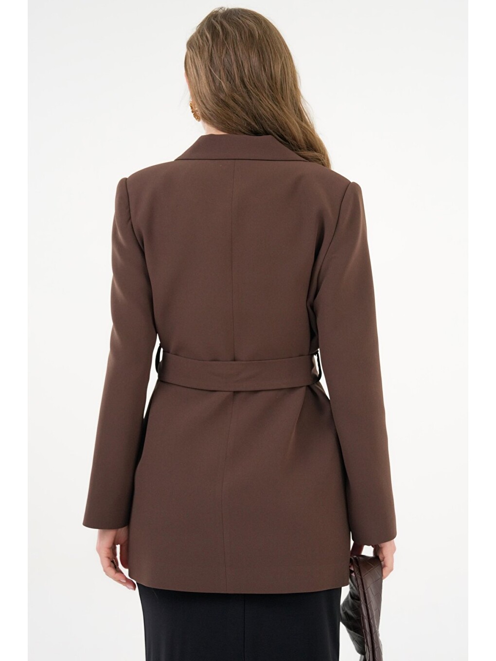 Acı Kahverengi Kadın Tek Düğmeli Dokuma Kruvaze Blazer Ceket - Kuşaklı-6