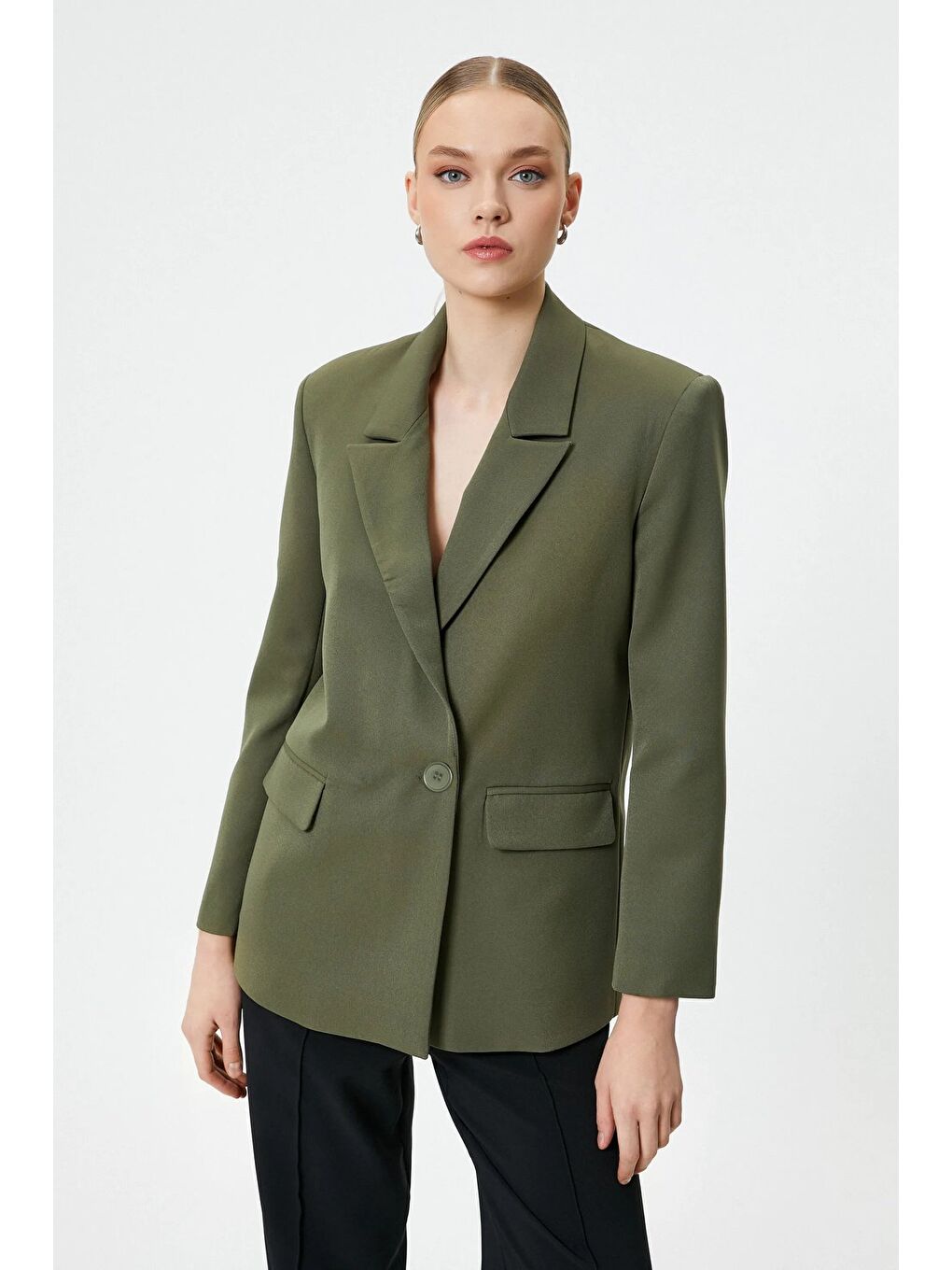 Haki Kadın Tek Düğmeli Dokuma Kruvaze Blazer Ceket - Kuşaklı