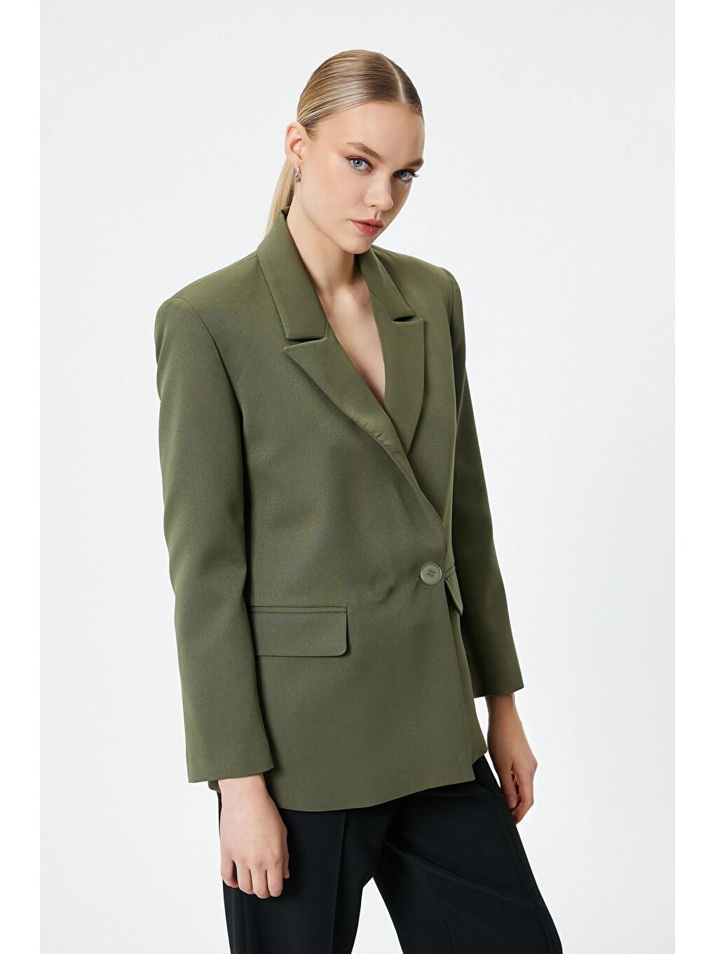 Haki Kadın Tek Düğmeli Dokuma Kruvaze Blazer Ceket - Kuşaklı-1