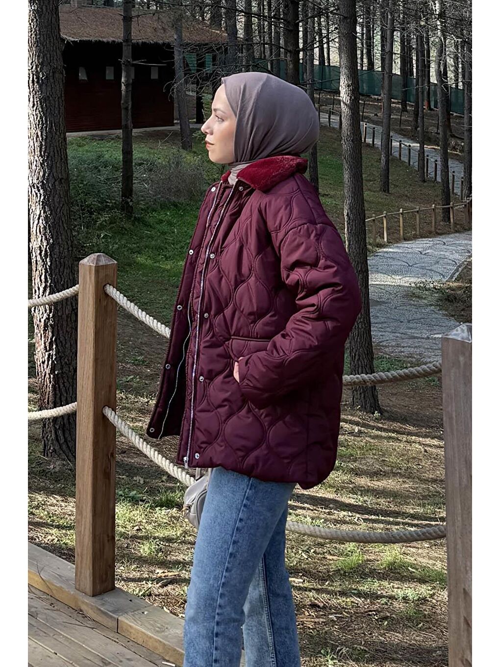 Kürk Yaka Şişme Mont Bordo-1