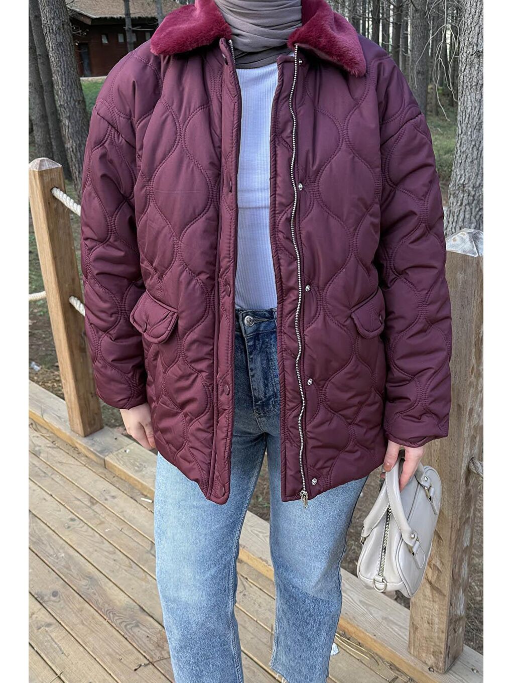 Kürk Yaka Şişme Mont Bordo-2