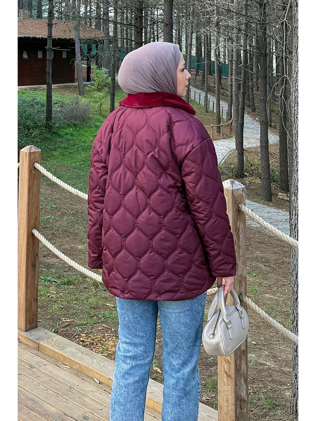 Kürk Yaka Şişme Mont Bordo-3