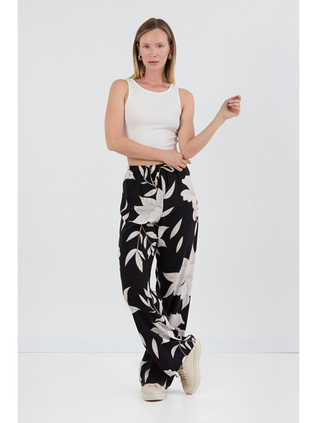 Kahverengi Desenli Beli Lastikli Palazzo Pantolon-1