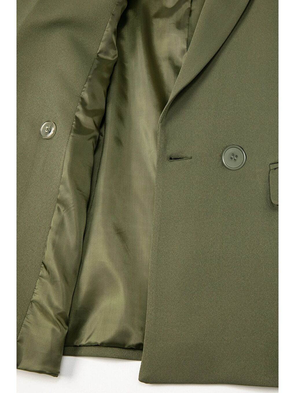 Haki Kadın Tek Düğmeli Dokuma Kruvaze Blazer Ceket - Kuşaklı-2