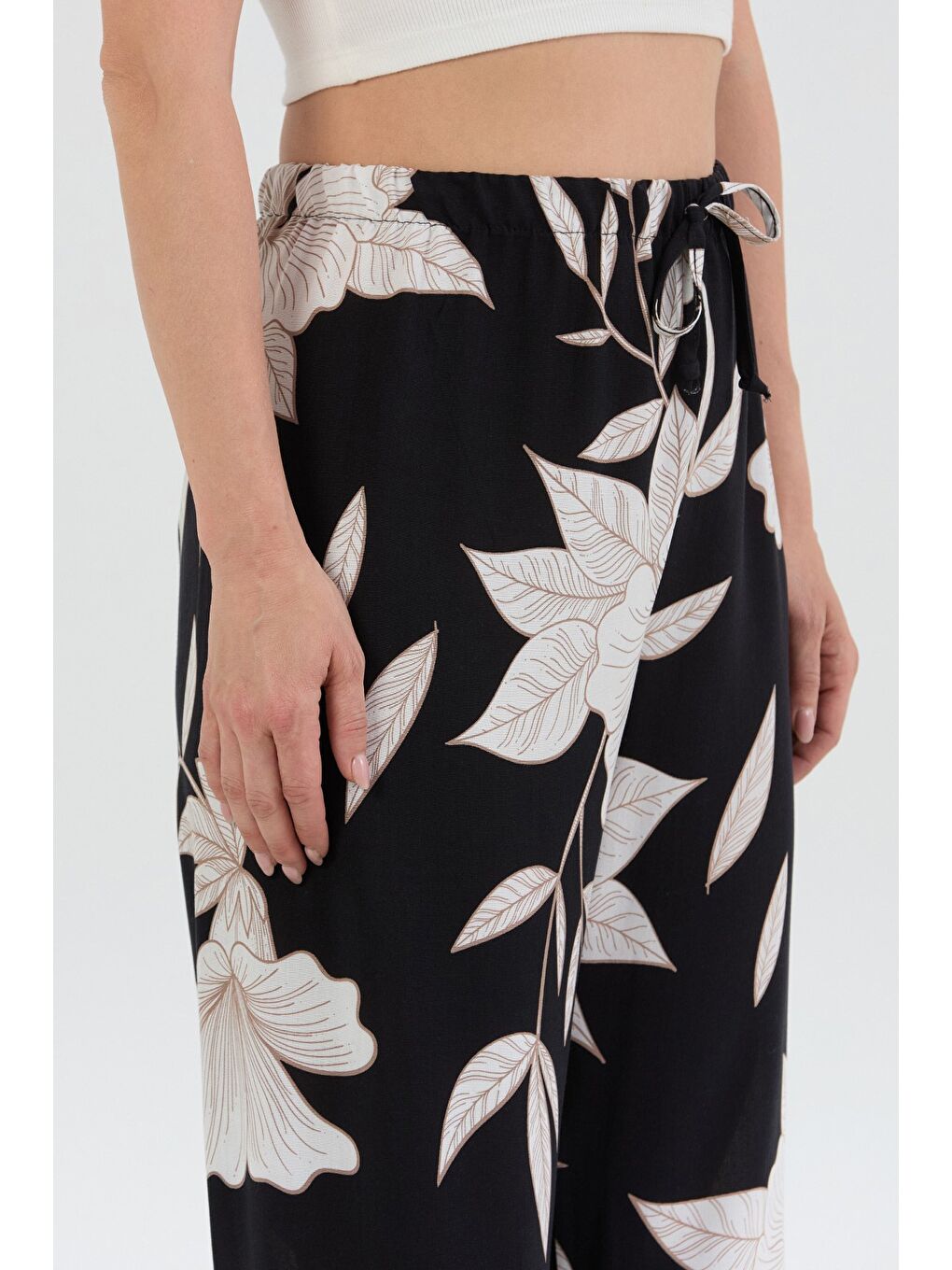 Kahverengi Desenli Beli Lastikli Palazzo Pantolon-3